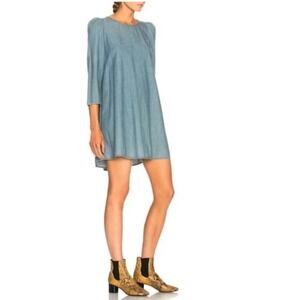 THE GREAT The Darling Puff Sleeve A Line Dress Blue Cotton Size 1 (small)